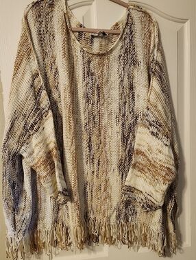 Laurie Felt Cream and Brown Marled Fringe Knit Poncho Sweater